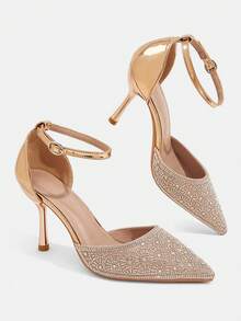 CUCCOO TILAWA Sandalias de tacón alto puntiagudo para mujer, elegantes y de lujo, con strass y diseño calado, para verano, compras, fiestas, oficina y uso diario - Oro rosa - Ver 4