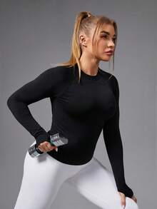 SHEIN Sports 1pc Regular T-Shirt/Raglan Design/Thumb Hole/Basic Style/Black/Sports T-Shirt+Fitness+Yoga Fall - Black - View 4