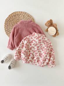 SHEIN 2pcs Jaket Bayi Perempuan Musim Gugur/Musim Dingin Lucu Serbaguna Kasual Berbulu dengan Kerah Tegak - Berwarna merah muda - View 2