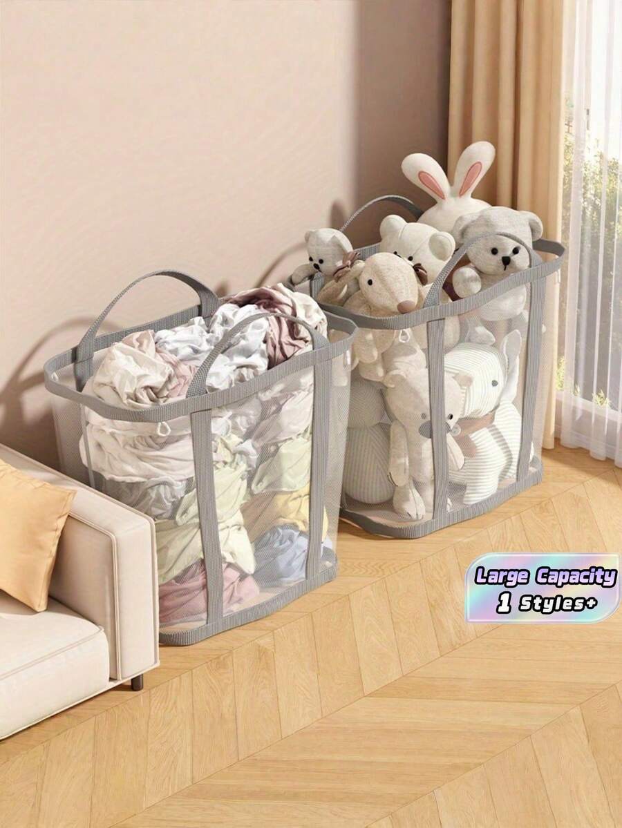 1PC Large Capacity Nylon Mesh Foldable Portable Breathable Wall Mountable Space Saving Laundry Basket Hamper For Bedroom Bathroom Dorm Travel Dirty Clothes Storage Organizer With Handles - Multicolor - View 1