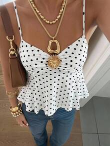 SHEIN EZwear توب كاميسول نسائي متنوع الاستخدام للارتداء اليومي، مزين بنقشة البولكا دوت المعدنية والطيات - أبيض - مشاهدة 2