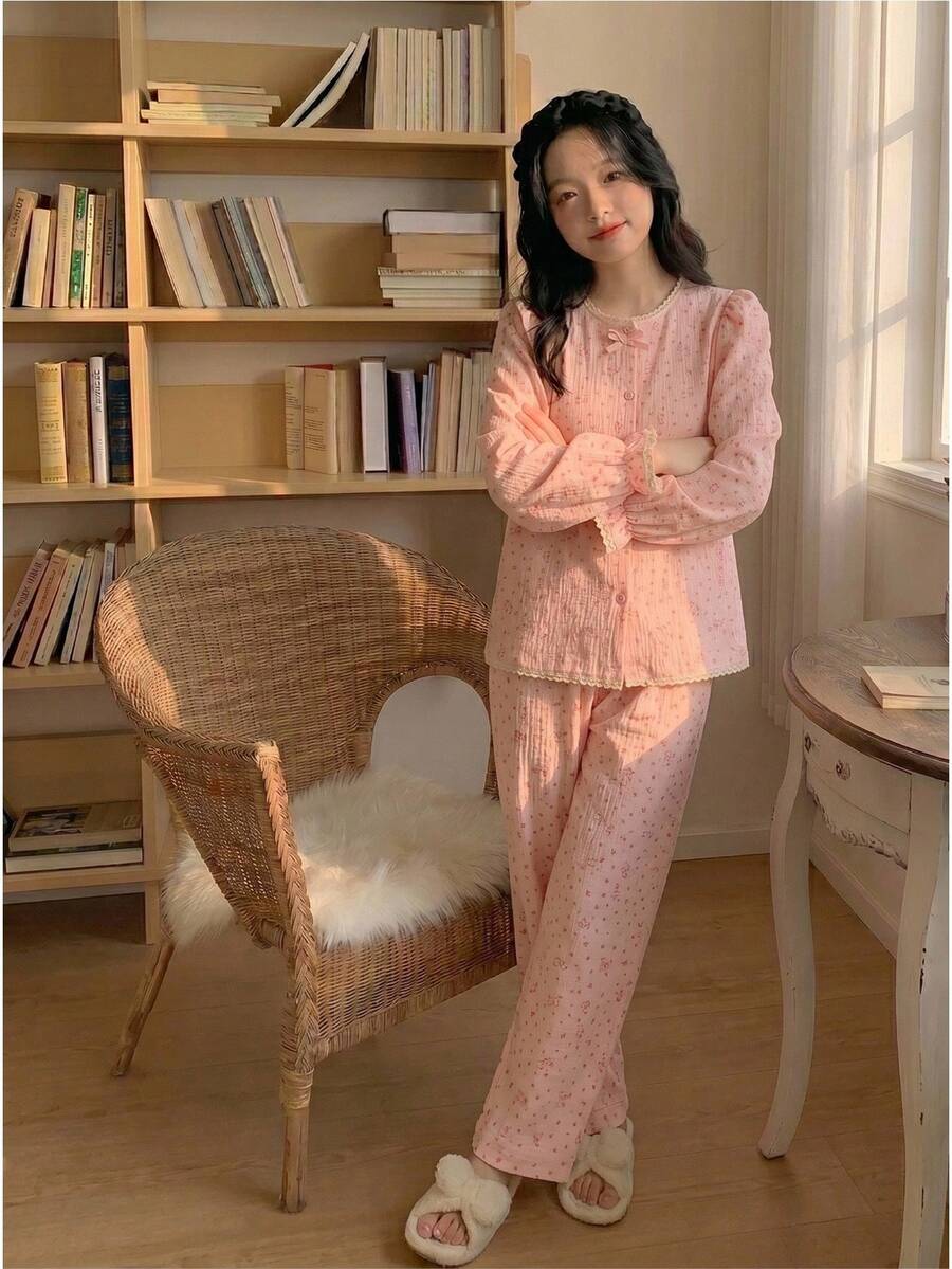 Piyama Anak Perempuan Remaja Nyaman, Modis, Motif Bunga Kecil, Elegan, 2 Potong Set Pakaian Santai - Baby Pink - View 1