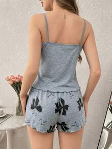 SHEIN Casual Underwear&Sleepwear 少女休閒粉色蝴蝶印花荷葉邊細肩帶背心與短褲睡衣套裝 - 彩色 - 查看 2