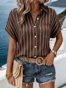 EMERY ROSE Women's Striped Single-Breasted Casual Versatile Daily Wear Shirt - Coffee Brown - View 7