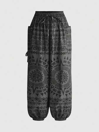 Damen Vintage Gothic Totem All-Over Muster Kunstleinen Laternenhose