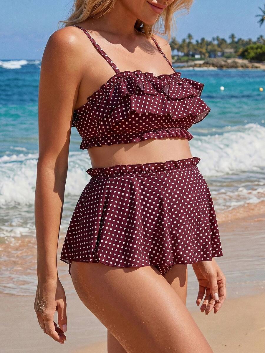 SHEIN 26SS Summer Beach Vacation Polka Dot Maternity Patchwork Ruffle Bikini Set - Multicolor - View 1