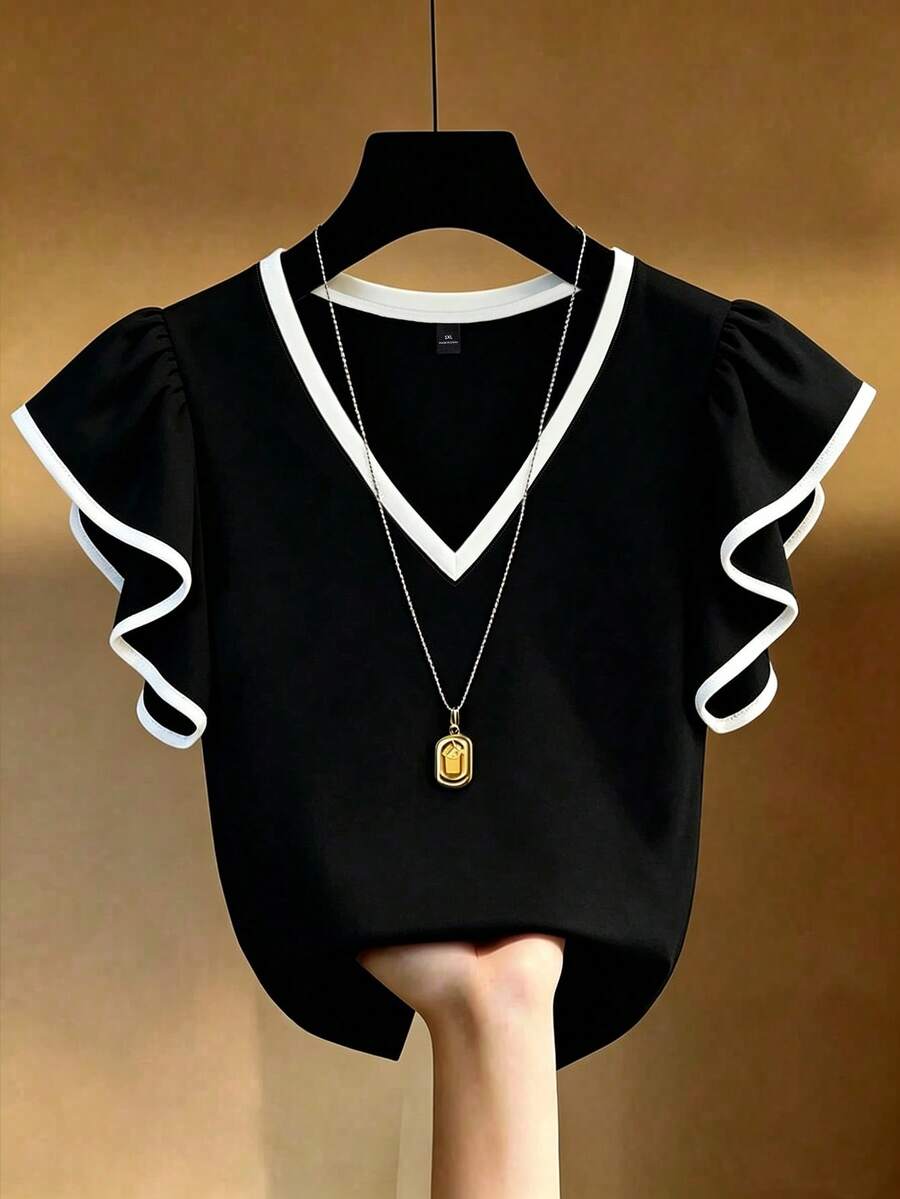 EMERY ROSE 大尺碼法式優雅 V 領黑白對比荷葉邊短袖 T-shirt,修身版型 - 彩色 - 查看 1