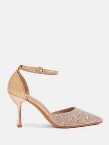 CUCCOO TILAWA Sandalias de tacón alto puntiagudo para mujer, elegantes y de lujo, con strass y diseño calado, para verano, compras, fiestas, oficina y uso diario - Oro rosa - Ver 5