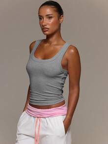 MUSERA ESSENTIALS Ribbed Scoop Neck Fitted Tank Vest Top Cute Everyday Basics Sexy Daily Spring Summer Essential - Grey - View 3