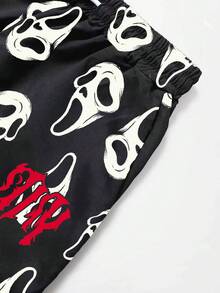 ROMWE MEN Goth 男士抽繩腰全印花休閒百搭日常穿著寬腿長褲 - 彩色 - 查看 3