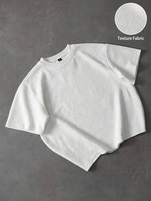 TOKVUE 男士夏季寬鬆針織提花紋理休閒百搭短袖T恤上衣，度假風 - 白色 - 查看 1