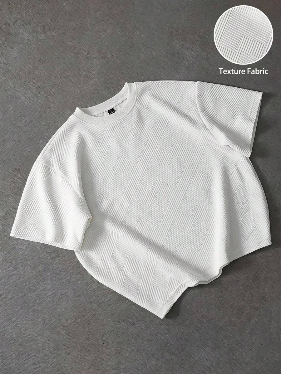 TOKVUE 男士夏季寬鬆針織提花紋理休閒百搭短袖T恤上衣,度假風 - 白色 - 查看 1