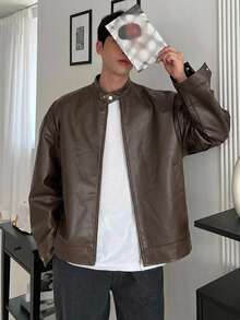 DAZY Autumn Solid Brown PU Men's Jacket & Coat - Brown - View 7
