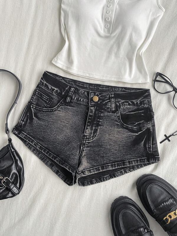 Attitoon Women's Casual Versatile Daily Denim Shorts With Pockets And Buttons Halloween Shorts Back To School Casual Shorts For Women Y2K Shorts Black Shorts