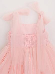 Glamorique Kids 女童粉色3D玫瑰刺繡對比網紗細肩帶洋裝，蝴蝶結肩帶與後背鬆緊抓皺設計，生日派對洋裝 - 粉色 - 查看 5
