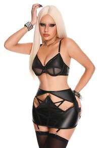 AltCore Conjunto de lencería sexy de 4 piezas con patchwork de malla y cuero PU - Negro - Ver 7