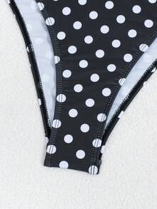 SHEIN Swim 春夏時尚性感可調式可拆卸肩帶加墊黑白拼接連身泳衣上衣與短裙套裝 女款 - 黑與白 - 查看 6