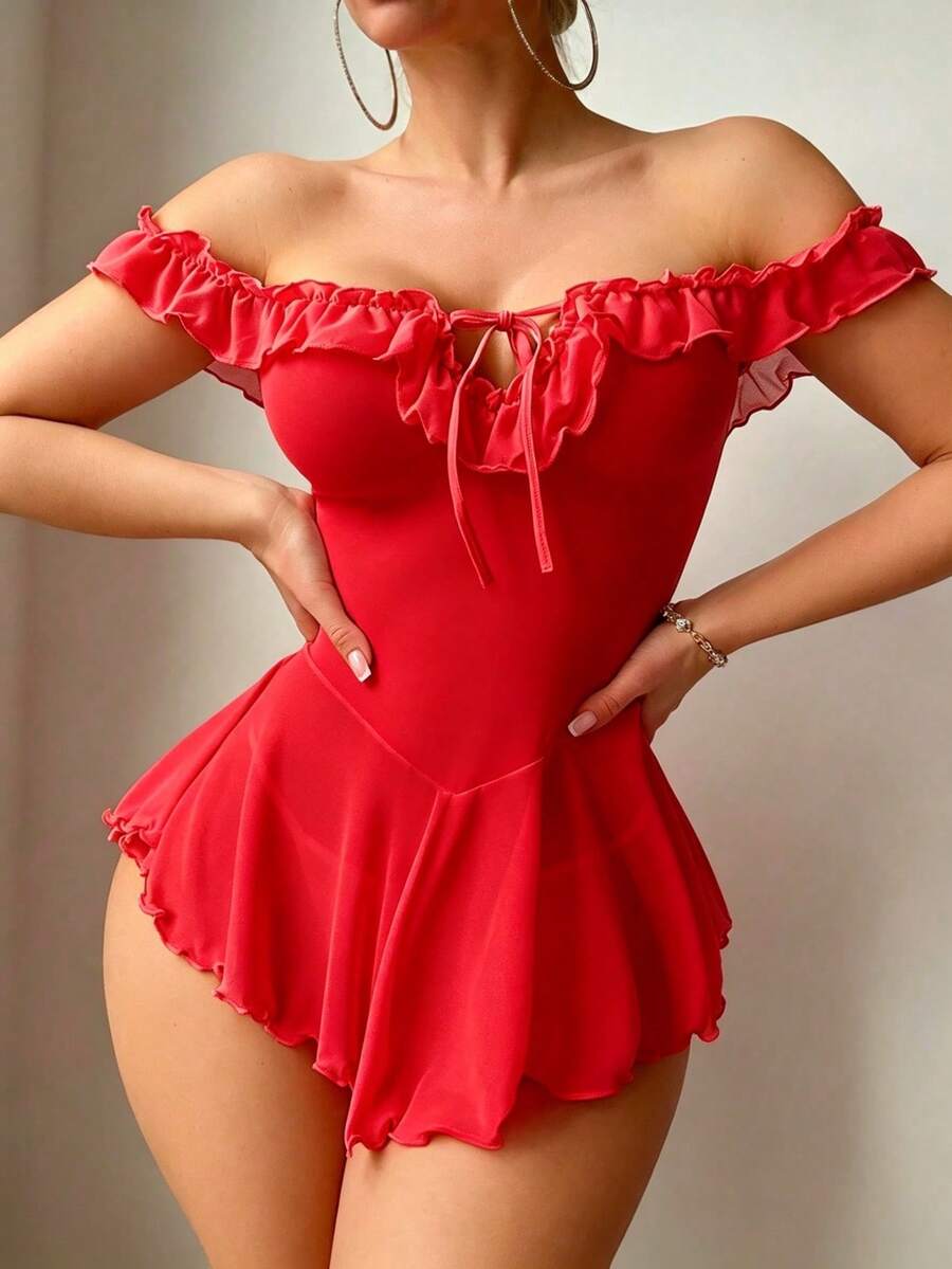 SHEIN Sexy Mesh Off-Shoulder Ruffle Deep V-Neck Tie-Up Dress 2-Piece Set - Red - View 1