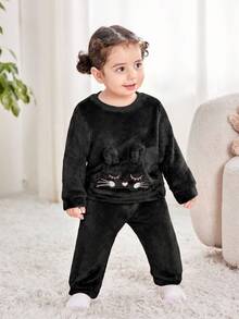 Set Atasan Lengan Panjang dan Celana Panjang Pinggang Elastis Motif Kartun Lucu untuk Bayi Perempuan Musim Gugur/Dingin - Hitam - View 4
