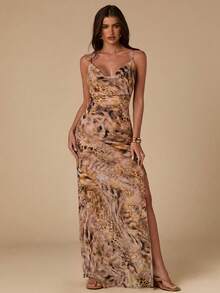 SHEIN BAE Women's All-Over Print Spaghetti Strap Slim Fit Sexy Dress Suitable For Summer Wear - Khaki - View 5