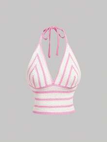 SHEIN MOD 女款條紋露背掛脖針織上衣 - 彩色 - 查看 2