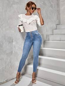 Selenza Button Fly Bleach Wash Skinny Jeans - Light Wash - View 7