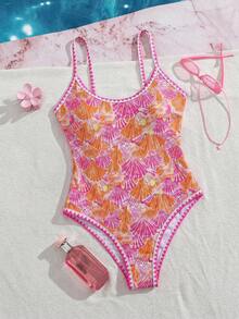 Swim Mod 夏季新款歐美風性感高衩紅色幸運魚印花拼接細肩帶貝殼飾邊甜美小胸聚攏雙肩帶連身泳衣，適合女性與女孩，修身顯瘦，適用溫泉、海灘、度假、生日派對 - 彩色 - 查看 3