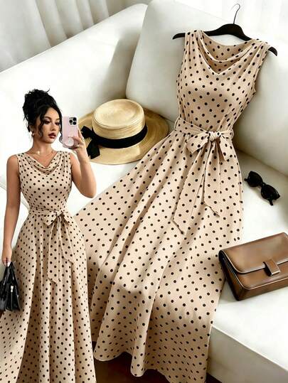 Qadelle Vestido elegante de moda para mujer para ir al trabajo con cuello drapeado, lunares brillantes, cuello fruncido vintage, cinturón con lazo que ciñe la cintura, línea A, adecuado para fiestas, vacaciones, uso diario, reuniones, temporada de bodas, primavera/verano