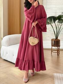 SHEIN Najma 鑽石領紋理布料荷葉邊袖口 3/4 袖大裙擺女款阿拉伯風洋裝 - 紅木色 - 查看 7