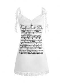 ROMWE Avant Women's Y2K Baddie Music Note English Print Satin Mini Dress - White - View 1