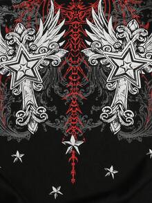 ROMWE MEN Camiseta 2 en 1 para hombre con estampado de cruz de ala y patchwork de bloques de color - Blanco y Negro - Ver 7