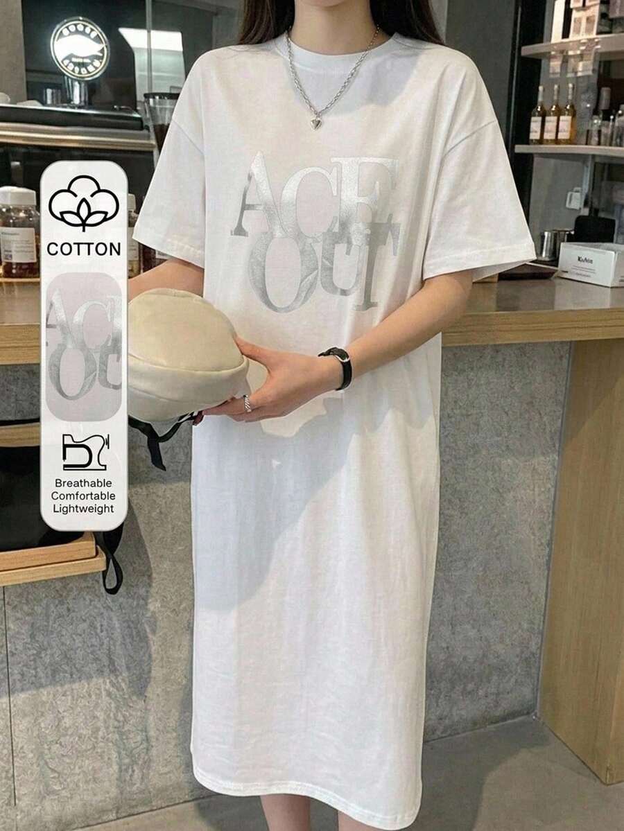 DAZY Women's Letter Print Casual Daily Home Short Sleeve Nightgown Summer Pajamas - White - View 1