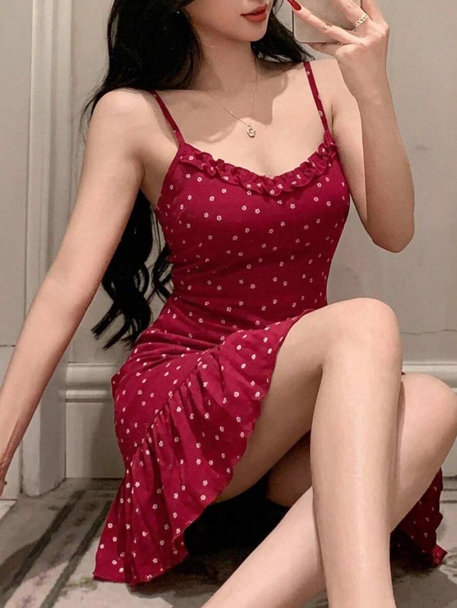 DAZY 碎花荷葉邊收腰無袖短洋裝 夏季女款睡裙睡衣 - 紅色 - 查看 1