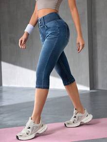 SHEIN Essnce 女款休閒日常牛仔七分褲附口袋 - 深色水洗藍 - 查看 5