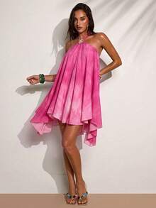 SHEIN BAE 女款夏季度假漸層花卉裝飾掛脖洋裝 - 淺粉色 - 查看 4