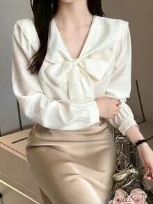 DAZY Solid Color Loose Long Sleeve Elegant Romantic French Teachers' Day Autumn Women's Blouse School Office Tea Party Off-White Vacation - Apricot - View 2