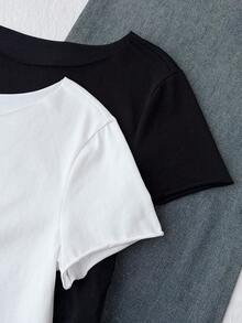 SHEIN 青少年女孩純色時尚極簡圓領短袖T恤2件套 - 黑與白 - 查看 6