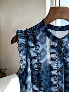 SHEIN Franclia Kemeja Tanpa Lengan Chiffon Motif Leopard Vintage, Musim Panas - Biru - View 4