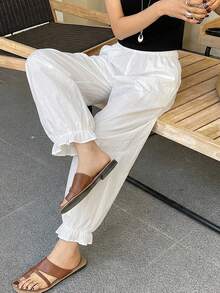 DAZY 女款純色彈性腰休閒百搭日常穿著長褲 夏季 - 白色 - 查看 2