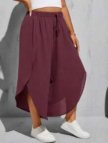 SHEIN Essnce Plus Size Black Elastic Waist High Slit Wide Leg Baggy Pants Summer - Redwood - View 4