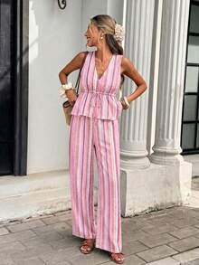 Serisse Casual Minimalist Style Pink Faux Texture Asymmetrical Stripe All-Over Print Pattern Women's 2-Piece Set Suitable For Spring/Summer Vacation - Multicolor - View 3