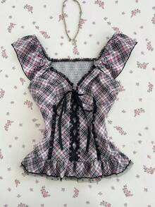 Elamini Women's Plaid Elegant Sweet Lace Patchwork Summer Fashion Blouse - Purple - View 4