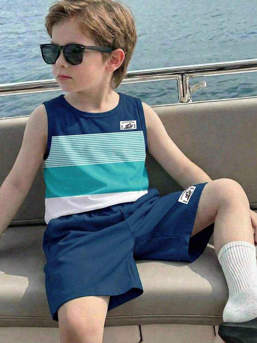 Young Boy Casual Simple Short Sleeve 2-Piece Set Suitable For Spring And Summer, Classic Summer Beach Vacation Striped Pattern Print, Classic Beach Surfboard, Coconut Tree Pattern Print, Suitable For Vacation - Multicolor - View 1