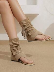 Styleloop Ladies, Fringed Spikes, Flat Cool Boots - Khaki - View 2