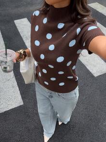 Siren Gaze Women's Brown Polka Dot Turtleneck Short-Sleeved Wool Knit Top Suitable For All Seasons World Cup Brunch Everyday Summer Casual French Retro High Tea - Brown - View 8
