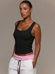 MUSERA ESSENTIALS Ribbed Scoop Neck Fitted Tank Vest Top Cute Everyday Basics Sexy Daily Spring Summer Essential - Black - View 3