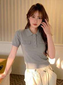 DAZY 女款純色休閒百搭日常穿著針織上衣 夏季 - 淺灰色 - 查看 4