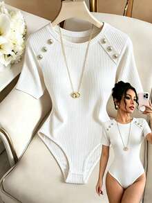SHEIN Franclia 女款純色圓領鈕扣裝飾短袖連身衣，杏色上衣，杏色上衣，T恤，通勤上衣，女款優雅襯衫，女款休閒襯衫，夏季 - 白色 - 查看 1