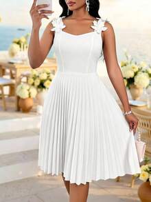 Fleurora Women's Solid Color Applique Pleated Elegant Sleeveless Mid-Length Dress Party Day Party Vacation Vacation White Summer Women's Pleated Dress - White - View 4
