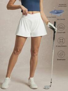 Activina Women's Asymmetric Waistband Double-Layer Golf Shorts,Solid White Old Money Chic Activewear For Running,Cycling,Yoga,Tennis&Gym Daily Wear - White - View 2